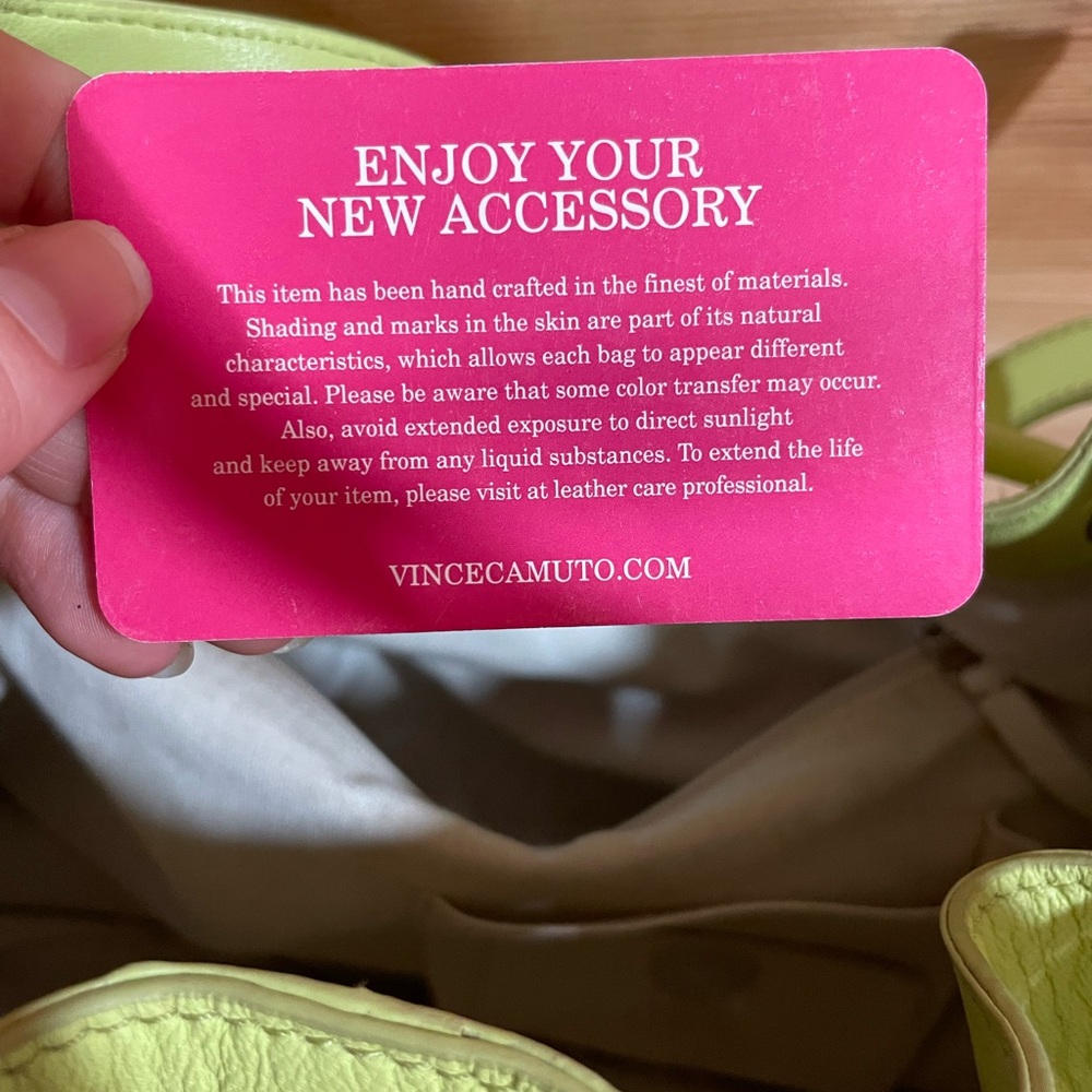 NWOT Vince Camuto Faslo Leather Bucket Satchel in Celery with Drawstring Closure - Picture 9 of 16